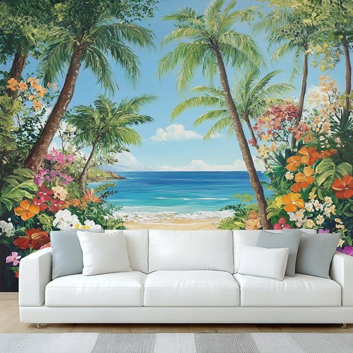 Papier Peint Panoramique Tropical, Papier Peint Palmier Plage Tropicale ...