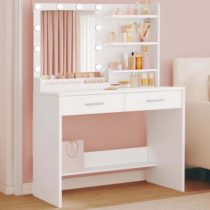 Coiffeuse avec Miroir Coiffeuse avec Lampe 3 Niveaux de Luminosité 2 Tiroirs 4 Étagères Ouvertes et 2 Compartiments Moderne Blanc