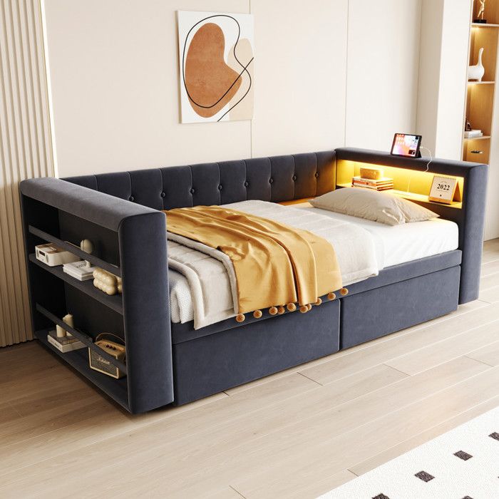 Lit multifonctionnel - Gris foncé - LED intégrée - Rangement avec tiroirs - 90 x 190 cm