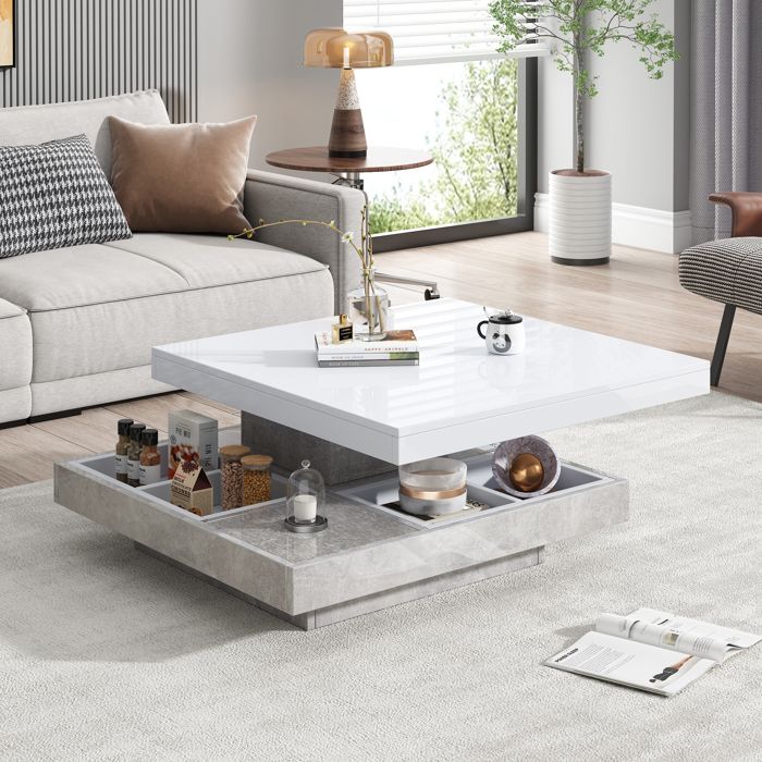 Table basse salon 70x70x36 cm avec plateau brillant Table de salon avec plateau rotatif à 360° et rangement Couleur marbre + Blanc