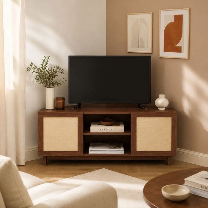 Meuble TV dangle HARIA effet noyer et rotin 120cm Meuble TV dangle HARIA effet noyer et rotin 120cm