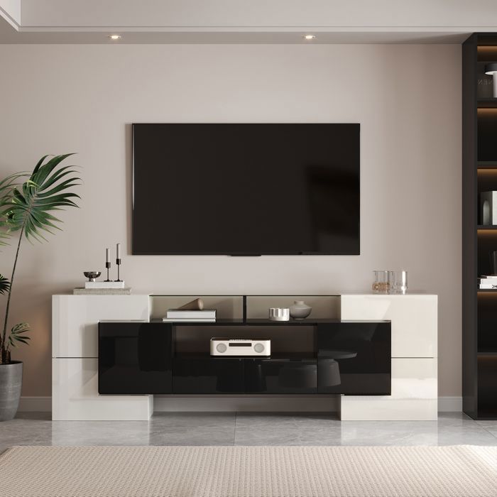 Meuble TV Maisentiel laqué blanc et pieds noirs 190x35x45 cm design épuré avec rangements finitions haut brillant