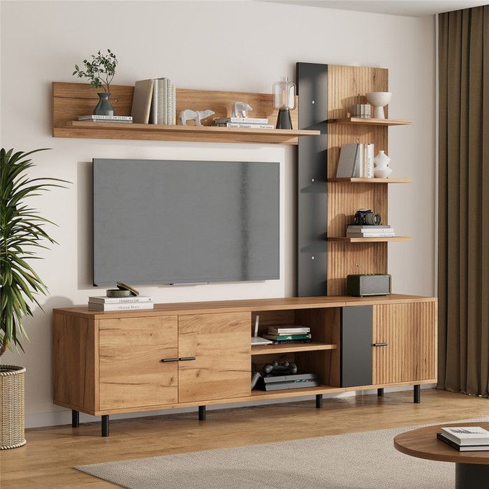 Ensemble Meuble TV Bois avec Étagères Ouvertes et Vitrine Meuble TV Scandinave avec Armoires Compartiment 187 5x40x167 cm Naturel