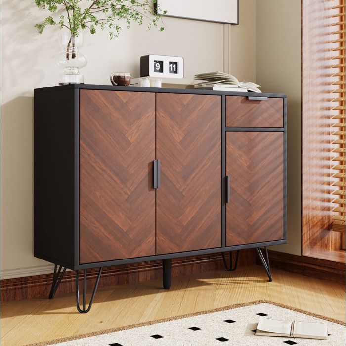 HOMVRA Buffet de cuisine 90x30x71.5 cm avec tiroir et étagères réglables MDF panneau de particules noir couleur naturelle