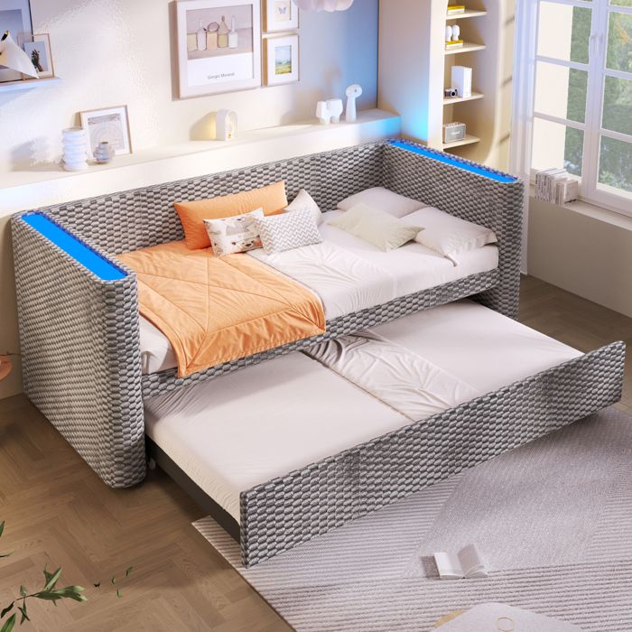 Lit banquette 90/180×200 cm avec lit gigogne. 2 places. éclairage LED. sommier à lattes. sans matelas. velours. gris