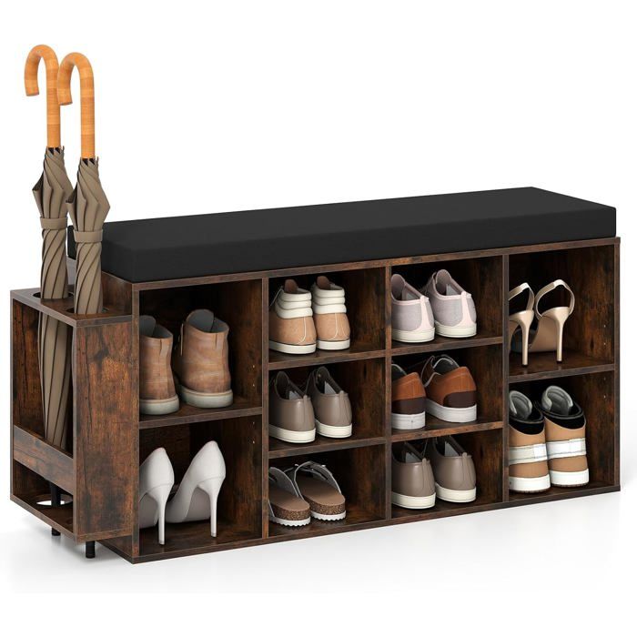Étagère pour Chaussures COSTWAY avec Porte-Parapluie 10 Casiers avec Siège Rembourré Étagères Réglables et Amovibles Marron