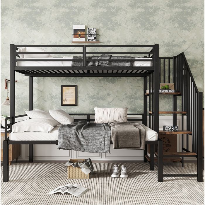 Lit superposé métal et MDF noir avec finition bois vintage échelle d’angle avec rangement