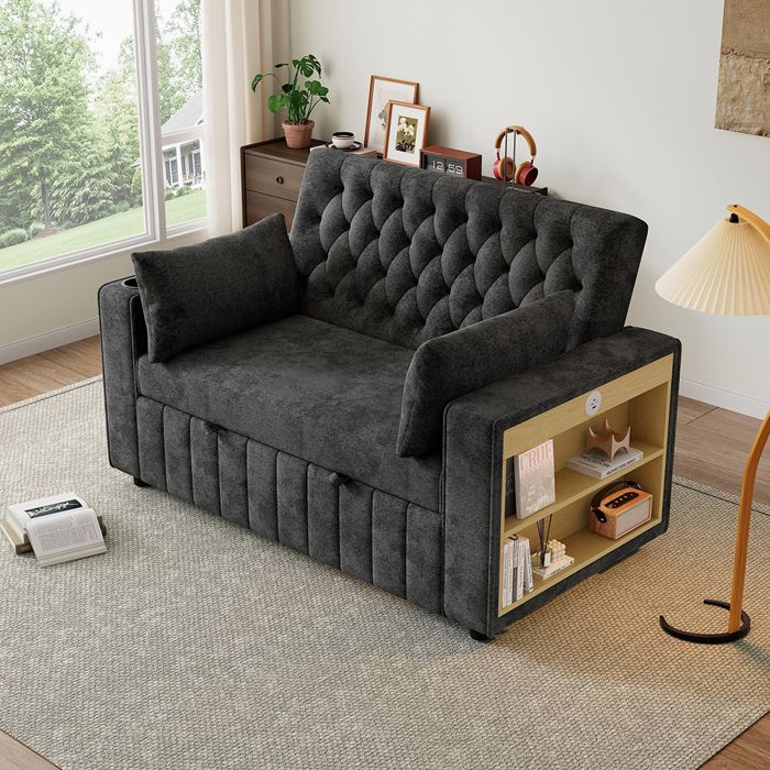Canapé-lit - MINIMAL - Convertible 2 places - Tissu chenille gris - Rangements porte-gobelets port USB
