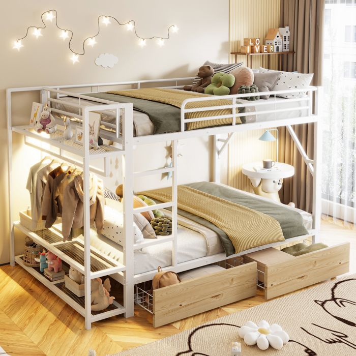 Lit superposé 140 x 200 cm cadre en fer 2 tiroirs plusieurs étagères avec bande lumineuse LED porte-vêtements blanc.