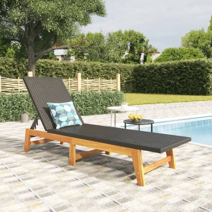 (Noir)Fauteuil long de soleil - Chaise longue Noir/marron Résine tressée/bois massif dacacia - 200x54x87 cm dts624173