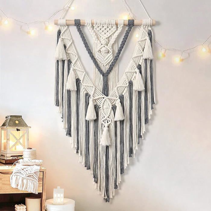 Boho Macramé Tenture Murale Géométrique Tissé Bohème Tapisserie Murale Beige et Gris Coton Fait àMain Ornement Gris