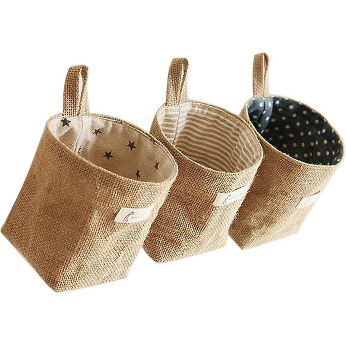 Panier de Rangement Coton et Lin 3pcs Boîte de Rangement Pliable en Lin Sac de Rangement Suspendu pour Jouets Maquillage MIROIR