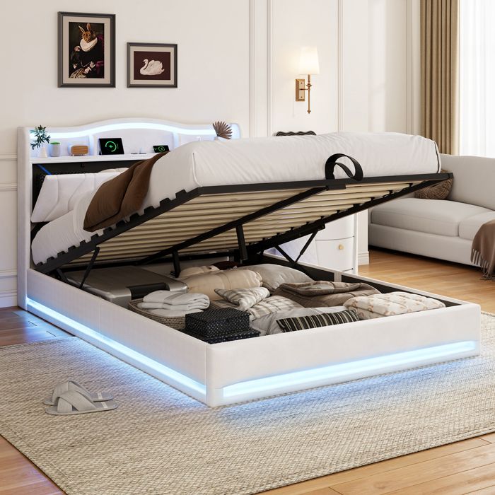 Lit coffre 160x200 cm - URBANLUXE - Velours beige - LED intégrée - Tête capitonnée - Coffre de rangement