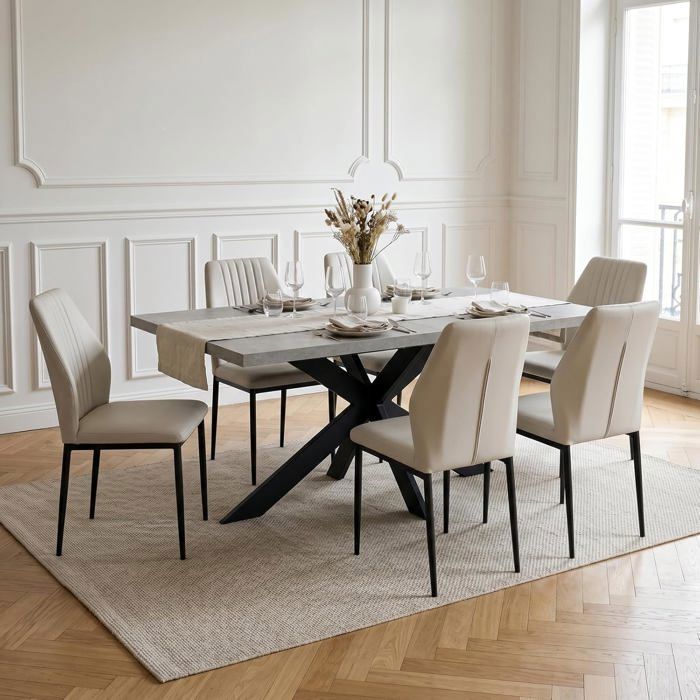 Lot de 6 Chaise de salle à manger Chaises Rembourrées en PU Pieds Réglables pour Cuisine Salon Salle à Manger Beige