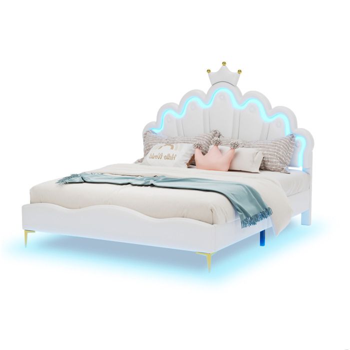 Lit 140x200cm au style princesse avec têtière en forme de couronne rembourrage cuir PU blanc et LED d’ambiance réglable