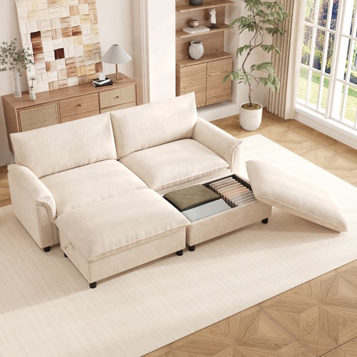 Canapé dangle modulaire Cloud 216 x 77 x 82 cm en forme de U assise profonde avec 2 repose-pieds amovibles dossier haut beige Canapé dangle modulaire Cloud 216 x 77 x 82 cm en forme de U assise profonde avec 2 repose-pieds amovibles dossier haut beige
