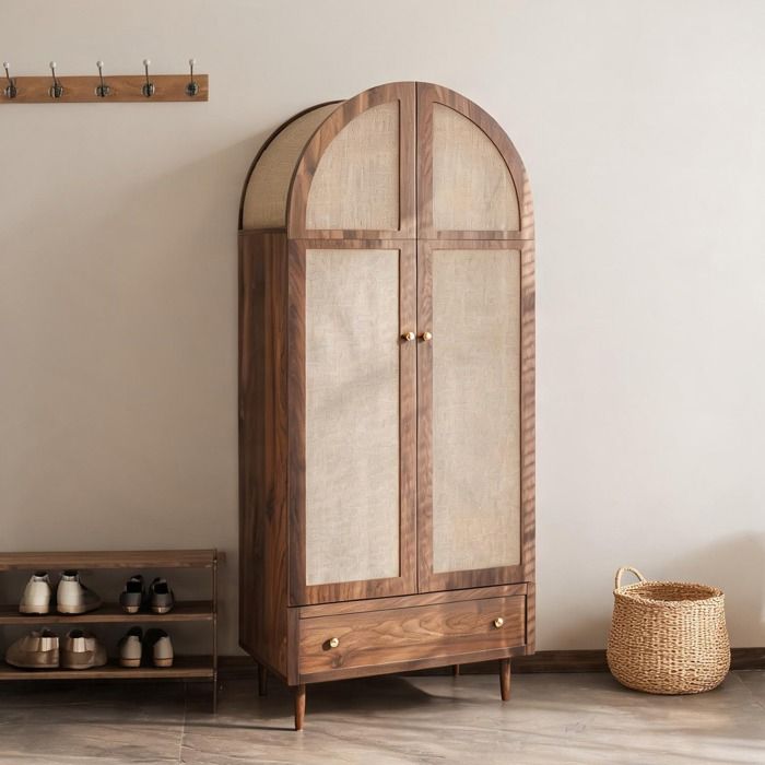 Armoire avec penderie et tiroir portes en tissu lin sur cadre MDF grand rangement chambre 175 cm
