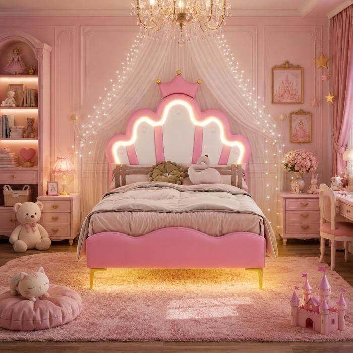 Lit enfant 90x190 cm avec éclairage LED lit simple avec tête de lit rembourré en forme de couronne lit pour fille rose