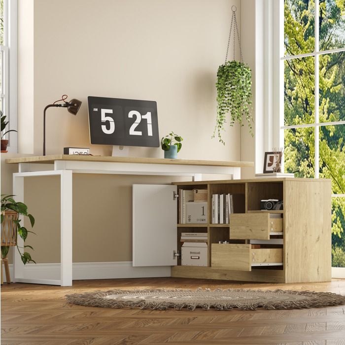 Bureau d’angle en L 152 x 1135 x 76 cm avec 2 tiroirs 3 niches 1 placard MDF et métal naturel et blanc