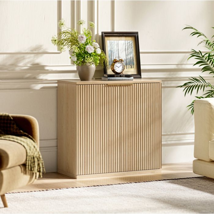 Modenuit Buffet bas 2 portes 80 x 40 x 80 cm façade plissée MDF décor chêne clair