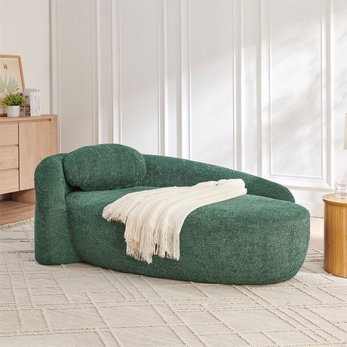 Canapé méridienne tissu bouclette - 170x96x62cm - Banquette lounge arrondie avec coussin mousse haute densité - Vert