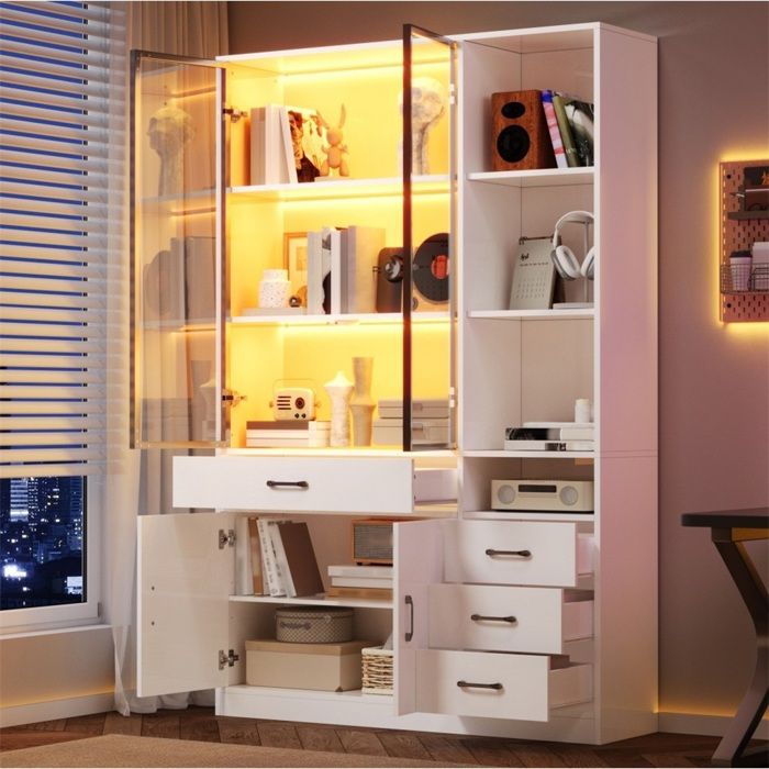 Vitrine Argentier Blanc 120x35x200cm LED Armoire Haute 13 Espaces 4 Tiroirs Portes Rangement Salon Salle à Manger