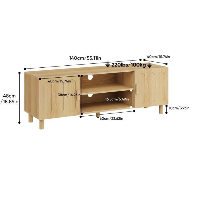 JOINERY Meuble TV Meuble Rangement 140 cm MDF Chêne Clair Style Campagne Vintage Avec Portes Niches Ouvertes Salon