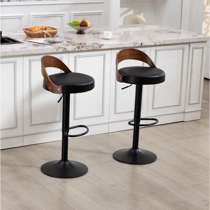 ROVRYN Lot de 2 tabourets de bar pivotants 360° réglables en hauteur en PU noir avec dossier aspect noyer