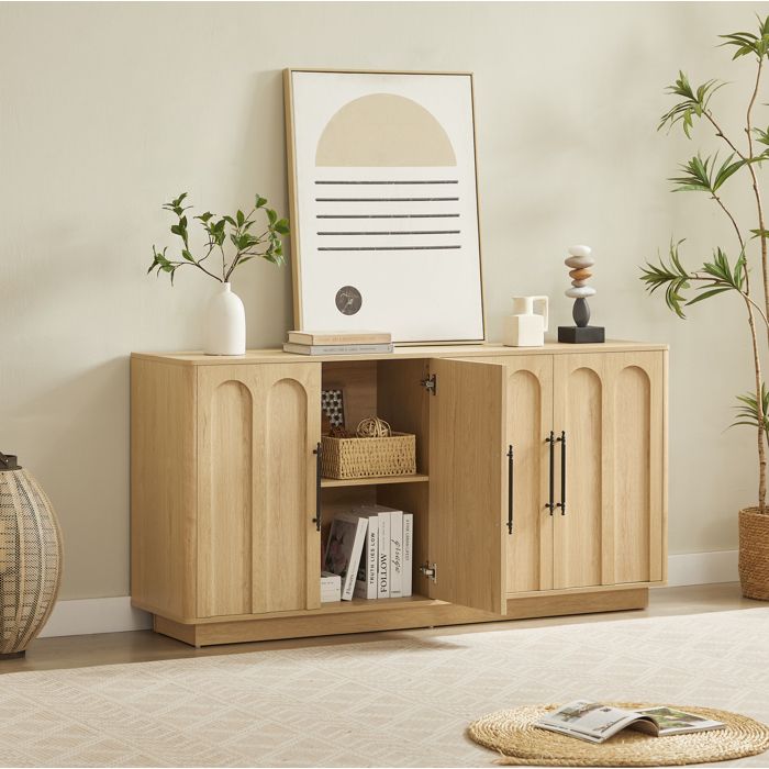 Buffet bas 4 portes 160 cm en MDF decor chene clair avec fermeture douce et kit anti-basculement