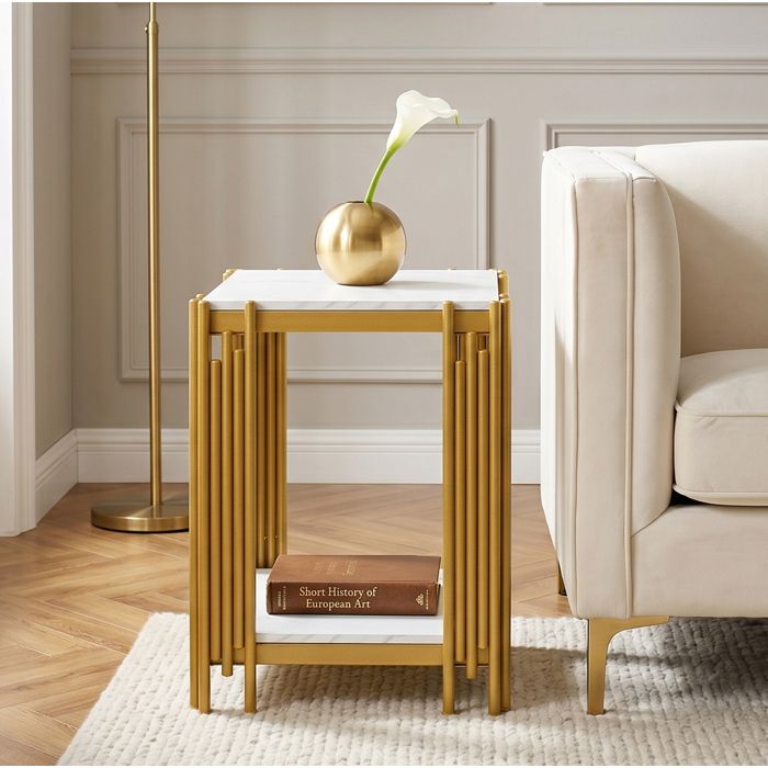 Table de chevet moderne 2 étagères 40 x 43 x 547 cm en MDF aspect marbre blanc et métal doré