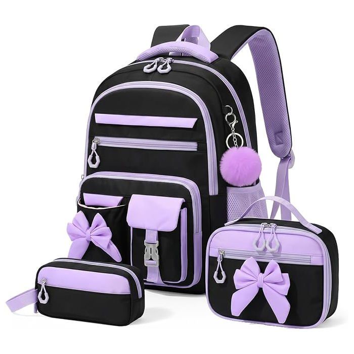 XJYDNCG Cartable Fille Primaire - Imperméable Léger Grand Volume Ensemble Sac + Trousse + Sac Repas - 44x29x21cm - Noir Violet