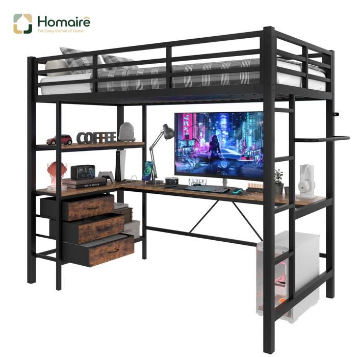 Lit mezzanine avec bureau lumières LED tiroirs de rangement construction métallique solide et MDF HOMAIRE