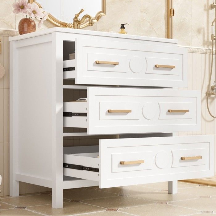 Meuble Vasque Salle Bain 765x47x82cm Laqué Blanc Vasque Céramique Monobloc 3 Tiroirs Fermeture Silencieuse