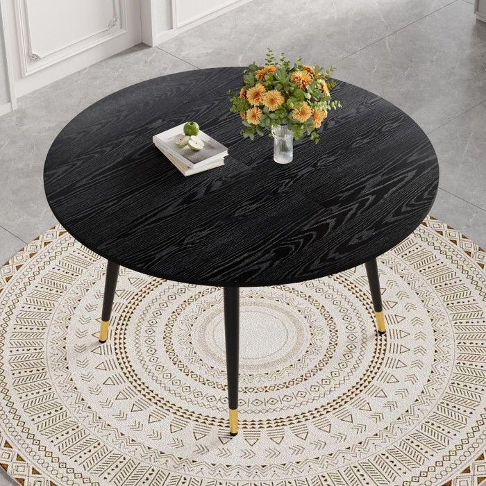 Table à manger ovale extensible 135x85x76cm MDF noir pieds métal détails dorés meuble cuisine gain de place