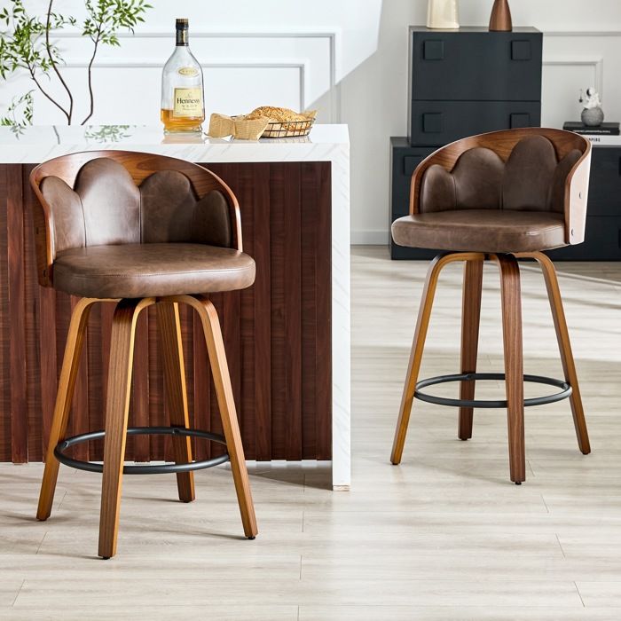 Tabourets de bar avec dossier à motif fleuri lot de 2 bois courbé cuir PU repose-pieds métal