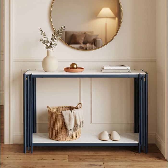 Console d’entrée EVRYAE 123 5 cm 2 étagères effet marbre blanc métal noir MDF
