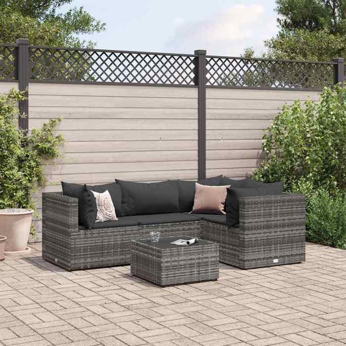 Gris Salon de jardin 5 pcs avec coussins Gris Résine tressée - Meuble de balcon LV56298