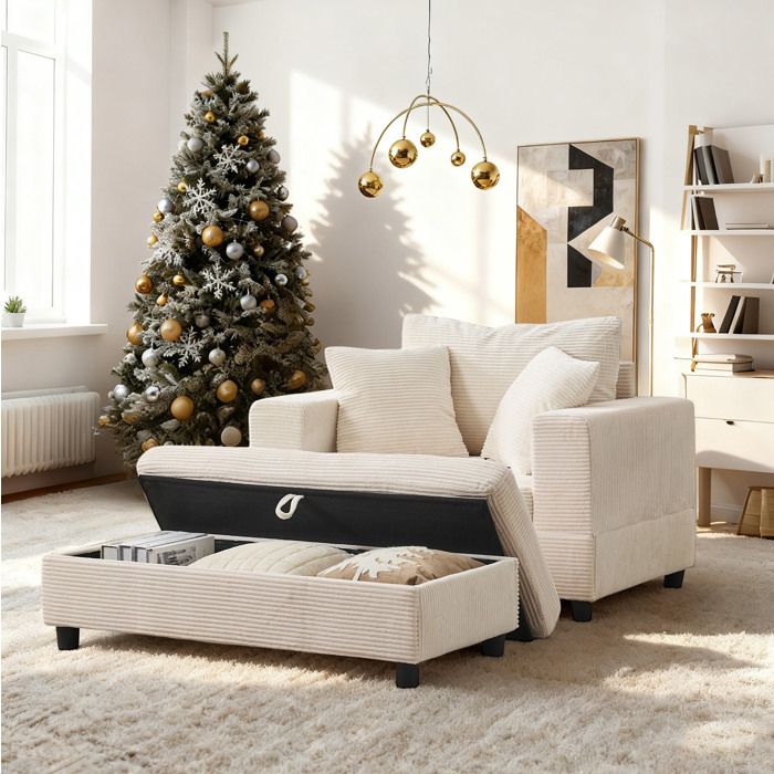 Fauteuil lounge 1 place avec repose-pieds rangement et 3 coussins tissu côtelé beige couchage dappoint JOINERY