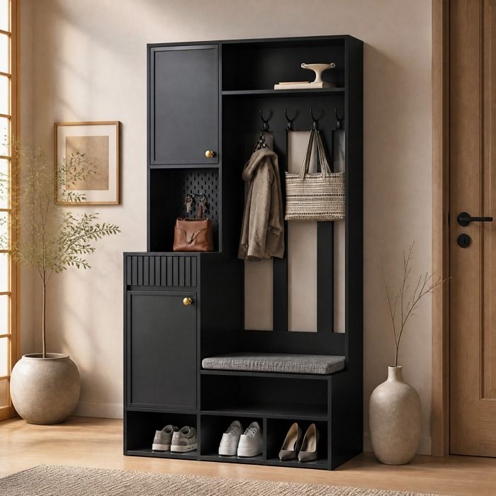 Meuble d’entrée vestiaire rangement 100 x 35 x 180 cm avec banc 4 crochets portes 2 tiroirs MDF noir FOLYNA