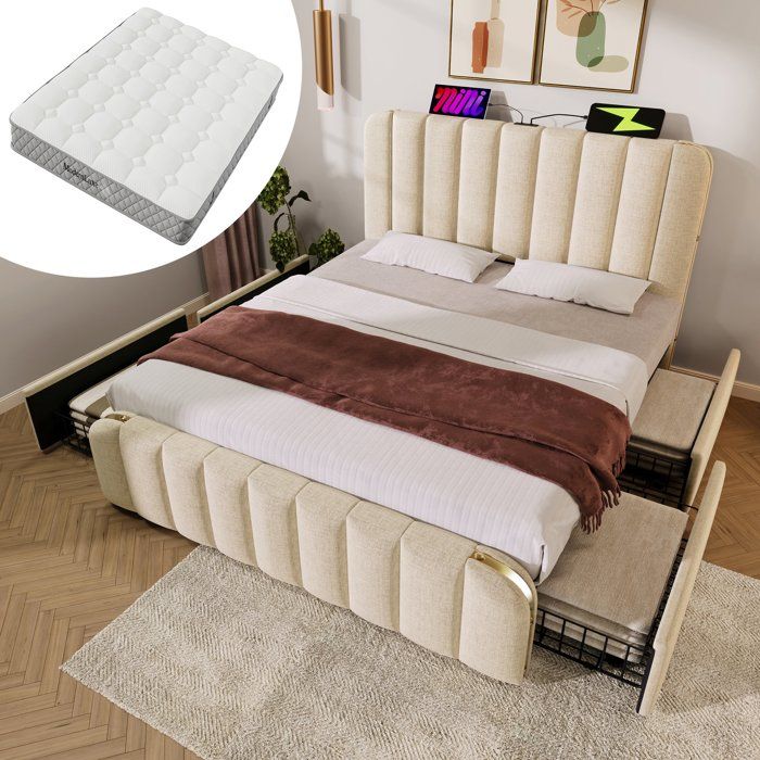 Lit coffre 160x200 en lin beige structure métallique sommier à lattes inclus 4 tiroirs chargeur USB
