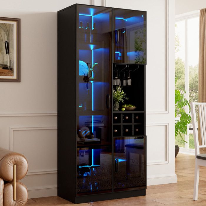 Vitrine dExposition - 60x36x160 cm - Meuble Bar Vaisselier avec LED Connectée Portes en Verre et Casier à Bouteilles - Noir