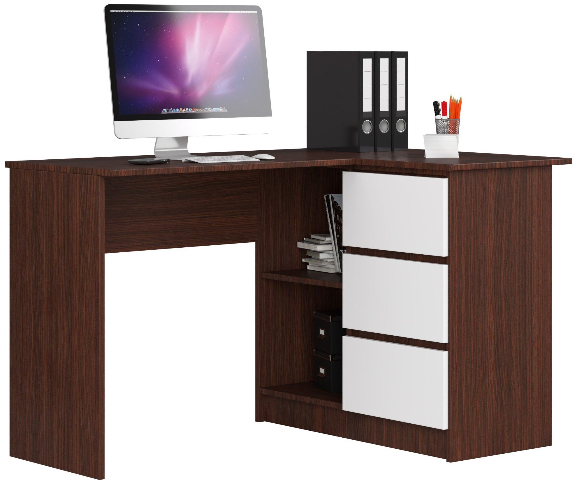 Bureau AKORD d'angle droit B16 Wengé 124 cm bureau informatique, bureau d' ordinateur (3) tiroirs blanc , 2 étagères 124x85x77 cm