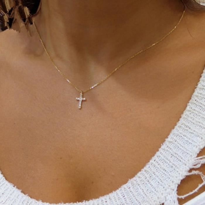 Collier chaine boule pendentif croix fléchée catholique noir argent strass diams 