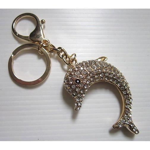 Porte-clés, bijou de sac dauphin et son bébé strass cristal noir & blanc