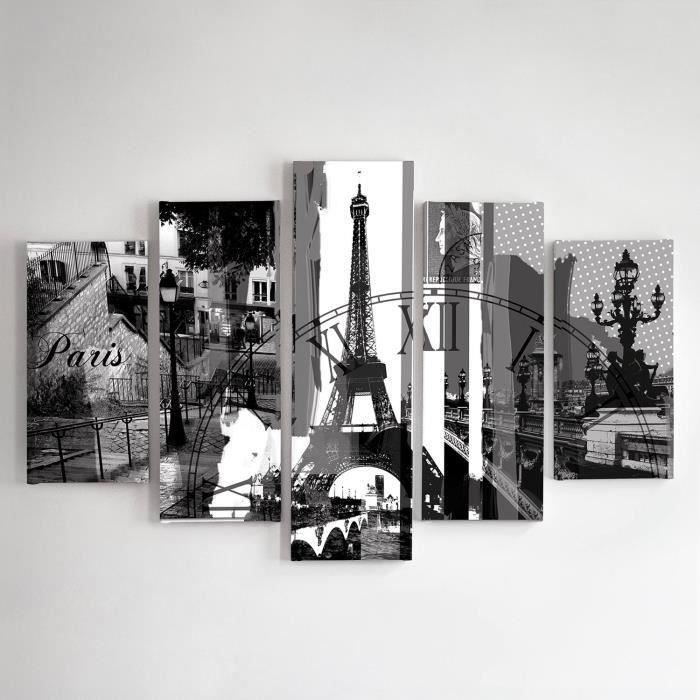 Tableau Décoratif Ville XXL 30x90 Cm - Impression Toile Paris Tour Eiffel - Gris Beige Blanc - Décoration Murale Salon Chambre