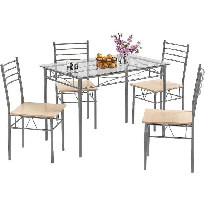COSTWAY Ensemble Table et 4 Chaises, Plateaux en Verre Trempé, Cadre en Métal Laqué pour Cuisine, Salon