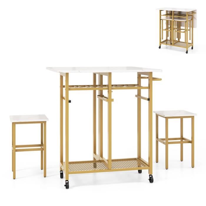 costway ensemble de table à manger extensible 3 pièces avec 2 tabourets, roues verrouillables, étagères de rangement, blanc