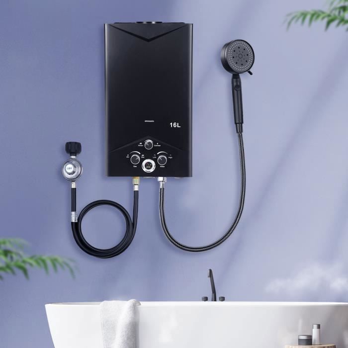 FLASIDU Chauffe-eau à Gaz Instantané Capacité de 16L Chauffe-eau Sans Réservoir 4.21GPM 2.9-116PSI 68000BTU 59*34*14cm Noir