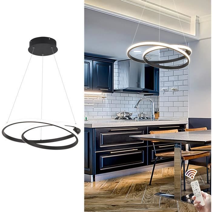 Suspension LED GANEED - Lustre à 2 anneaux 36W Acrylique Noir - Télécommande - Intérieur