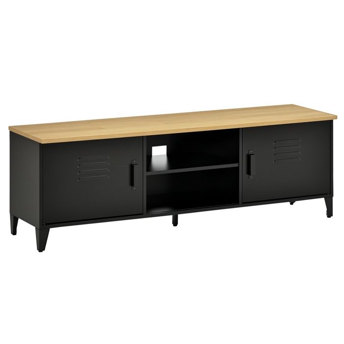 Meuble tv banc tv - HOMCOM - pour téléviseurs 55 placards pieds réglables cadre métallique - bois métal - 150x40x50cm - naturel Meuble tv banc tv - HOMCOM - pour téléviseurs 55 placards pieds réglables cadre métallique - bois métal - 150x40x50cm - naturel